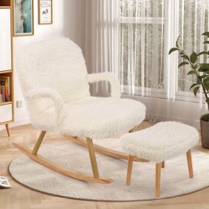 Fauteuil &agrave; Bascule - TANANT - Tissu Beige - Style Scandinave - 1 Place - Avec Repose-Pieds