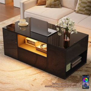 Table Basse Noir Laque Brillant avec LED Contr&ocirc;le par Appli Table Basse Coffre avec Tiroir et Compartiment Ouvertes 100x50x40 cm