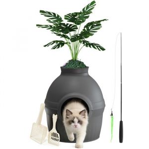 Mondeer Bac &agrave; liti&egrave;re cach&eacute; avec plante artificielle maison chat 2en1 avec filtre charbon 2 pelles+canne &agrave; p&ecirc;che t&eacute;lescopiqueNoir