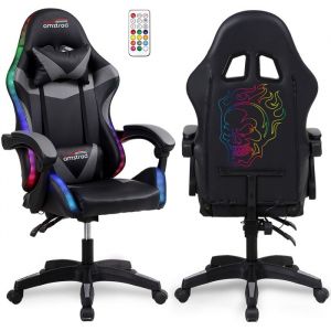 Amstrad AMS-900-LED-SKULL - Fauteuil gaming noir et gris - Serigraphie Tête de mort - Eclairage LED 366 effets - Télécommande