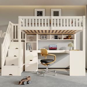 Lit Mezzanine 90x200 cm avec bureau et &Eacute;tag&egrave;res lit denfant en bois avec escalier de rangements et Tiroirs blanc (sans matelas)