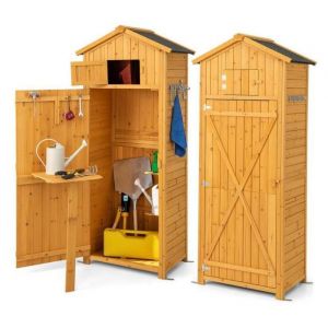 Abri de Jardin en Bois FSC -RELAX4LIFE- Porte Verrouillable en Loquet - Table pliante - 3 &Eacute;tag&egrave;res Amovible - 75X50X1805CM