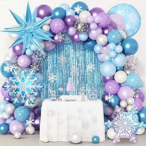 162Pcs Arch Frozen Ballon Kit Violet Blanc Ballons D&eacute;coration Anniversaire Reine Des Neige Pour Fille 4D Snowflakes Aluminium[A660]