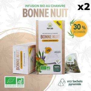 Lot de 2 bo&icirc;tes dInfusions Bio BONNE NUIT en Sachets individuels (2x12) au Chanvre CBD + CBG (30%)