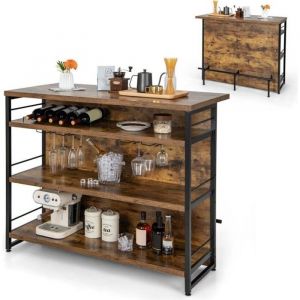 COSTWAY Ilot Central Industriel Table de Bar à 4 Niveaux avec 3 Étagères Ouvertes Casier à Vin et Supports 120 x 60 x 101 cm