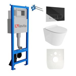 Lavita LAV101 El&eacute;ment b&acirc;ti-support pour WC 40cm+WC suspendu GALVE blanc sans rebord+plaque de commande LAV 3.2 chrom&eacute;e Set complet
