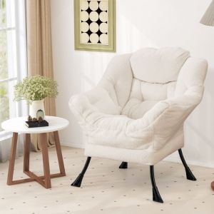 GIANTEX Fauteuil Relax avec Oreiller+ Poche Latérale- Fauteuil Rembourré Moderne- Cadre en Fer- pour Salon/Bureau/Chambre- Beige