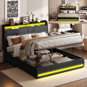 SOMUBI Lit coffre 140x200 cm avec LED lit double 140x200 cm avec sommier à lattesLit rembourré PU noir