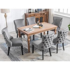Lot de 6 Chaises de Salle à Manger Capitonnée en Velours Gris - Style Classique & Design - Pieds en Bois Massif Noir - L50 x P41 cm