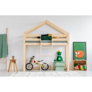 Lit superpos&eacute; - 1 place / Lit cabane enfant LEO SOLO 90 x 160 cm avec sommier type cabane en bois naturel