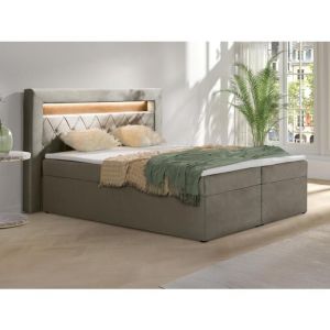 Ensemble complet literie déco tête de lit avec led + sommiers coffre + matelas + surmatelas - 160 x 200 cm -  Velours - Taupe -