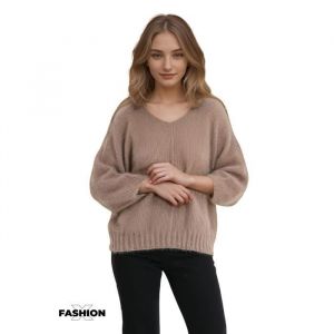 Pull femme manches 3-4 - Couleur camel - Col en pointe