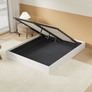Lit Coffre avec sommier 120 x 190 cm Lattes en Bois Grand Espace de Rangement sous Le lit. Tissu Blanc