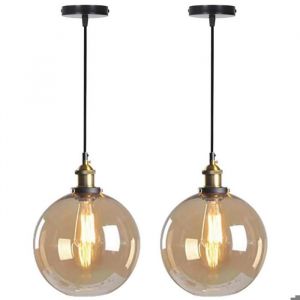 Diday 2pcs R&eacute;tro Suspension Luminaire IndustrielLampe de Plafond Abat-jour en Verre Designe Rond E27 Luminaire Style