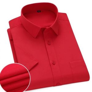 Chemise Homme Ete Manches Courtes Chemisette Elegant Avec Poche Couleur Unie - Rouge