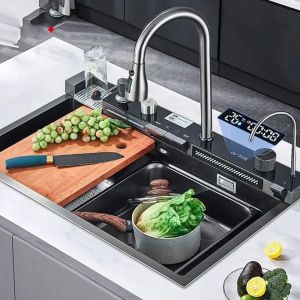 Évier de Cuisine Cascade Multifonction 75x45 cm Évier Cuisine Cascade inox Professionnel avec robinet de purificateur deaue -Noir