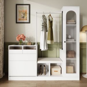 Meuble d&rsquo;Entr&eacute;e 6 en 1 avec Miroir Pivotant et LED &ndash; Vestiaire avec Banc Penderie et Rangement Chaussures Blanc