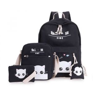 kentop Cartable Fille Primaire 4 en 1 Sac à Dos Enfant Scolaire Sac Decole Motif chat mignon Noir