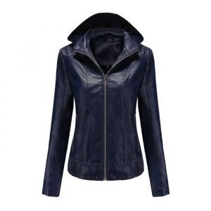 Blouson Femme Simili Cuir à Capuche Doublee Polaire Veste Chaude Zippee Slim Fit Col Montant Couleur Unie - Bleu