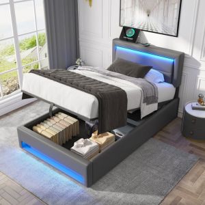 KoDise Lit coffre 90x190 cm Lit simple Lit ado - Matière PU - avec port USB et éclairage LED - gris