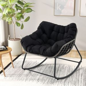 COSTWAY Chaise à Bascule de Jardin Extérieur en Osier PE Coussin Amovible Structure en Métal pour Salon Balcon Jardin PatioNoir