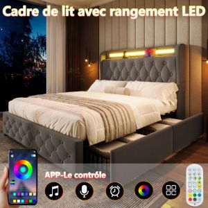 Lit Coffre 140x190cm avec Rangement et 4 Tiroirs Lit Rembourr&eacute;e avec &eacute;clairage LED USB Type-C et Prise Electrique Velours Gris