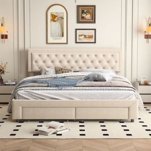 Lit coffre 180x200 avec 2 tiroirs &ndash; Cadre de lit rangement avec sommier &ndash; 2 places &ndash; Lit rembourr&eacute; pour adulte/ado &ndash; Velours beige