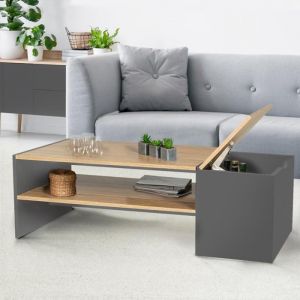 IDMARKET Table basse bar contemporaine rectangulaire IZIA avec coffre gris et plateaux bois