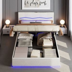 Lit coffre 160x200 avec sommier hydraulique-Mécanisme silencieux LED RGB & 2 ports USB Grand rangement en PU blanc-Confort