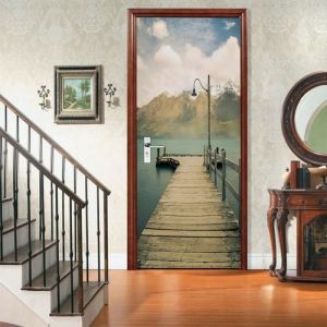 Sticker Porte Autocollant Poster De Porte 3D Jet&eacute;e En Bois Et Fond De Paysage De Montagne Lampe Affiche De Porte Mural Papier