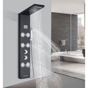 Colonne de Douche Hydromassants Noir avec 6 Grandes Buses Massants Douchette &agrave; Main et Douche Cascade Murale Multifonction en Acier