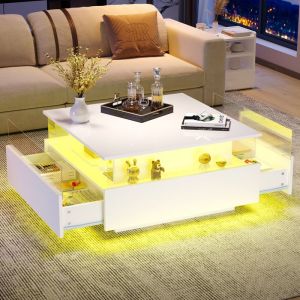 Table Basse Moderne avec LED et 2 Tiroirs Vitrine Transparente Panneau Laqué Brillant - 70×70×41 cm Blanc