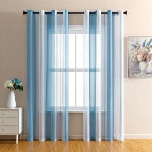 2 Pièce Rideau Salon Voilage Blanc et Bleu 140x175cm Fils Teints Rayé à Oeillet en Polyester Rideau Semi Transparent Léger Élégant