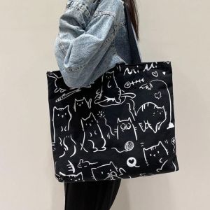 Tote Bag Noir Motif Chats Dessin&eacute;s - Sac Cabas Toile Original et Pratique Shopping Plage Cours ou Loisirs