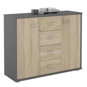 Buffet ELODIE commode meuble de rangement avec 4 tiroirs et 2 portes en m&eacute;lamin&eacute; gris mat et d&eacute;cor ch&ecirc;ne sonoma