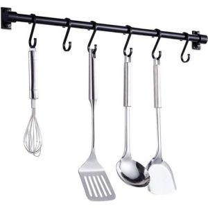 Barre Murale Cuisine Ustensiles40CM Barre Étagère de Cuisine avec 6 Crochets AmoviblesRack Porte Étagère à Fixation Murale(Noir)