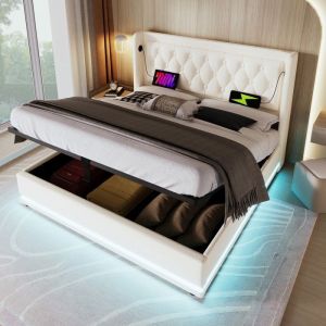 Cadre de lit Maisentiel 160x200 cm PU blanc coffre hydraulique t&ecirc;te capitonn&eacute;e LED 3 c&ocirc;t&eacute;s et ports USB-C