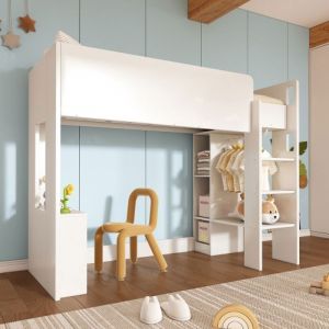 MODFU Lit mezzanine enfant 90x200 cm avec rangements penderie étagères ouvertes et escalier panneau de particules blanc