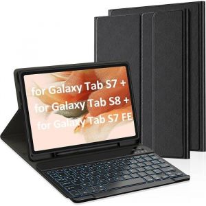 Coque Clavier pour Galaxy Tab S7 Plus-S8 Plus-S7 FE-S7+ 12.4 inches &Eacute;tui AZERTY Fran&ccedil;ais BT 5.0 R&eacute;tro&eacute;clair&eacute; 7 Couleurs Amovi[O314]