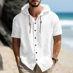 Chemise à Capuche Homme Été 95% Lin-T-Shirt Manches Courtes Décontracté Respirant-Chemise Boutonnée Mode Plage Vacances-Blanc