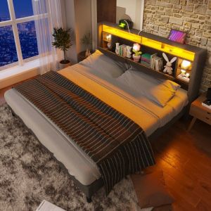 Lit Double 160x200 Rembourr&eacute; T&ecirc;te De Lit Coffre Avec LED Et USB Sommier Lattes Bois Gris - (Sans Matelas)