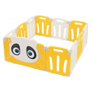 Joyz Parc Bébé Modulable 120×120 cm Design Panda Blanc-Jaune Pliable Barrière de Sécurité avec Porte et Horloge Éducative
