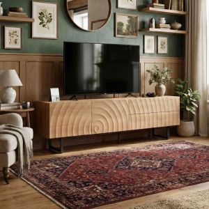 Meuble TV - 180 x 38 x 51.5cm - Fa&ccedil;ade Ondul&eacute;e 3D - 2 Portes & 2 Tiroirs - Pieds M&eacute;tal Noir - Style Scandinave - Bois Naturel