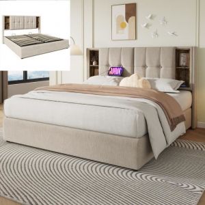 Lit double 160x200cm avec chargement sans fil USB Clit adulte cadre de lit avec rangements sommier à lattes en boislin naturel