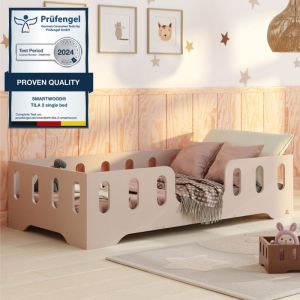 Lit au Sol Enfant avec Barriere - 120x180 en Bois TILA 2 - Couleur Cachemire - Sommier - Montage Rapide - Charge Max 300 kg