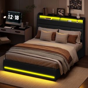 Lit LED 160x200 avec rangement &ndash; Cadre de lit deux places avec sommier &ndash; PU &ndash; Lit rembourr&eacute; &ndash; T&ecirc;te de lit avec rangement &ndash; Noir