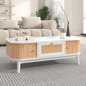 Table basse salon tiroir avec garniture en rotin et porte coulissante Pieds bois massif Style rustique naturel 110x55x38.5cm