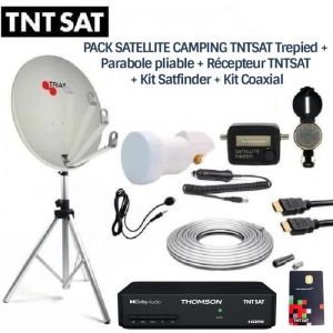 PACK SATELLITE CAMPING TNTSAT Trepied + Parabole pliable + R&eacute;cepteur TNTSAT THS806 + Kit Satfinder + Kit Coaxial