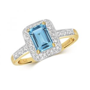Bague Solitaire Femme Or 375/1000 et Diamant Brillant 0.10 Carat H - PK avec Topaze Bleu 37231