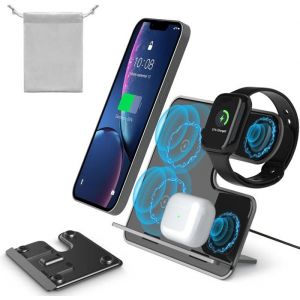 Chargeur Induction 3 en 1 Détachable Chargeur sans Fil Stand pour iPhone 16/15/14/13 Samsung/Google/Xiaomi pour iWatch 10/9/8